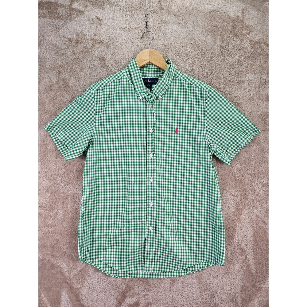 Ralph Lauren Emerald and White Short-sleeved Gingham Oxford Button-down Shirt - Picture 2 of 10